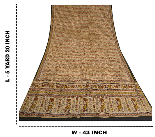Sanskriti Vintage Sarees Pale Cream Pure Crepe Silk Printed Sari Craft Sustainable Fabric