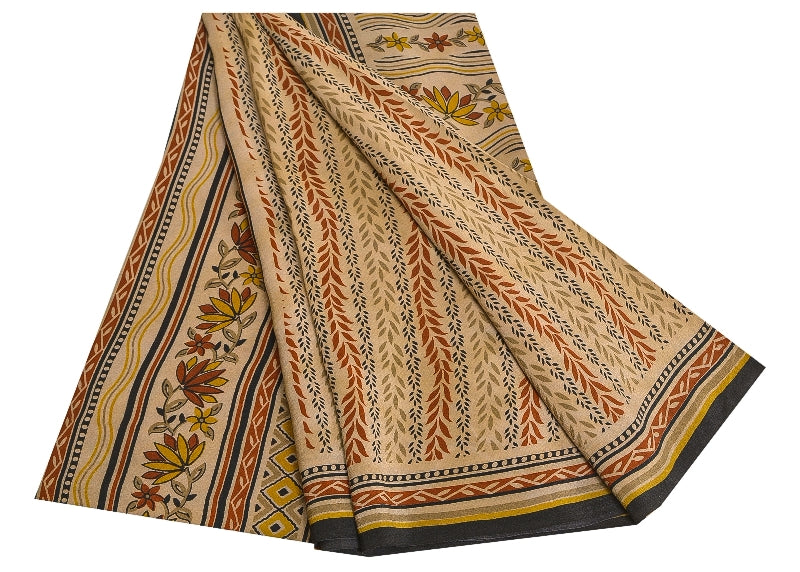 Sanskriti Vintage Sarees Pale Cream Pure Crepe Silk Printed Sari Craft Sustainable Fabric