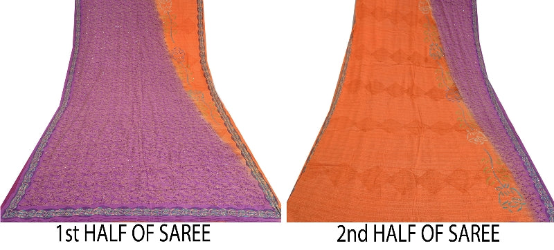 Sanskriti Vintage Sarees Purple Hand Beaded Kantha Pure Crepe Silk Sari Sustainable Fabric