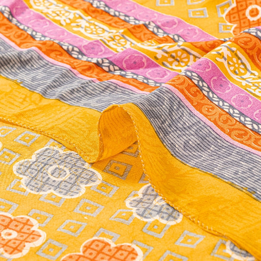 Sanskriti Vintage Sarees Yellow Indian Pure Crepe Silk Printed Sari Craft Sustainable Fabric