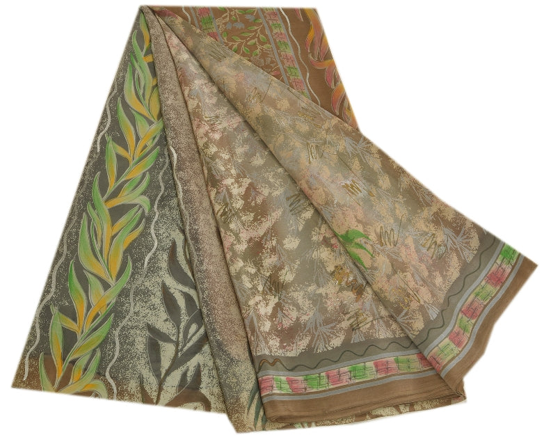 Sanskriti Vintage Sarees Gray Indian Printed Pure Crepe Silk Sari Craft Sustainable Fabric