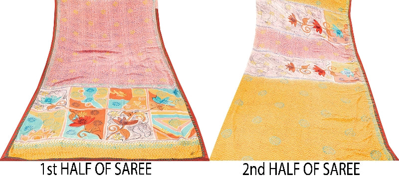 Sanskriti Vintage Sarees From India Pink Pure Crepe Silk Printed Sari 5yd Sustainable Fabric