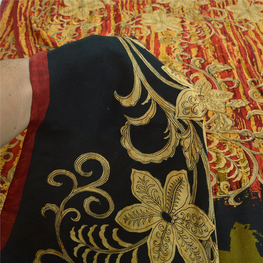 Sanskriti Vintage Sarees Dark Red Pure Crepe Silk Printed Sari Soft Craft Fabric