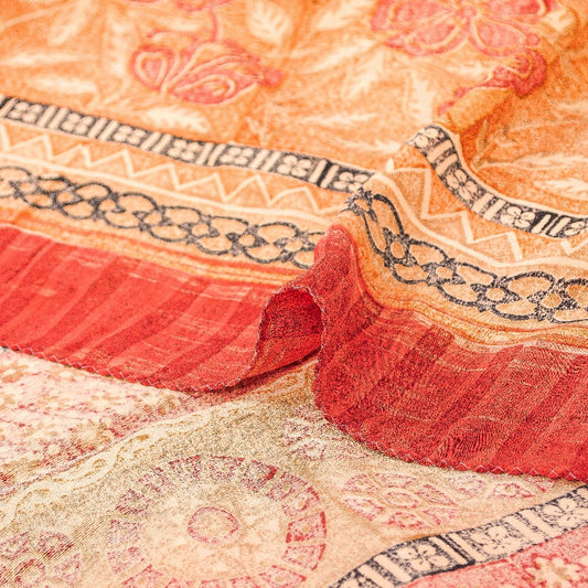 Sanskriti Vintage Sarees Peach & Red Pure Crepe Silk Printed Sari Craft Sustainable Fabric