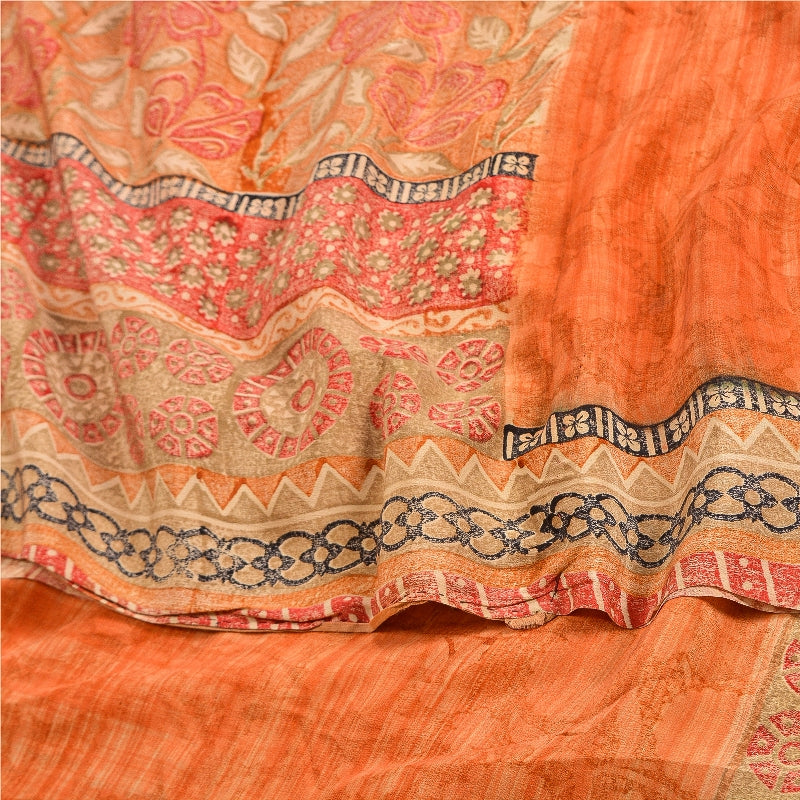 Sanskriti Vintage Sarees Peach & Red Pure Crepe Silk Printed Sari Craft Sustainable Fabric