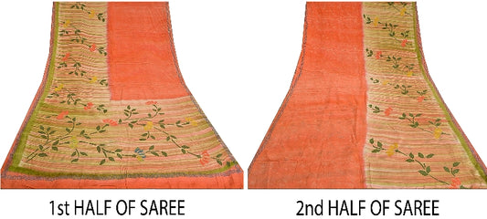 Sanskriti Vintage Sarees Coral 100% Pure Crepe Silk Printed Sari Craft Sustainable Fabric