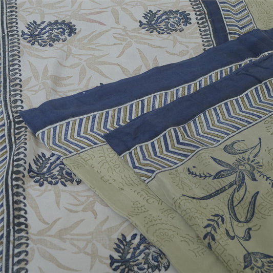 Sanskriti Vintage Sarees Green Block Printed Pure Crepe Silk Sari Craft Fabric