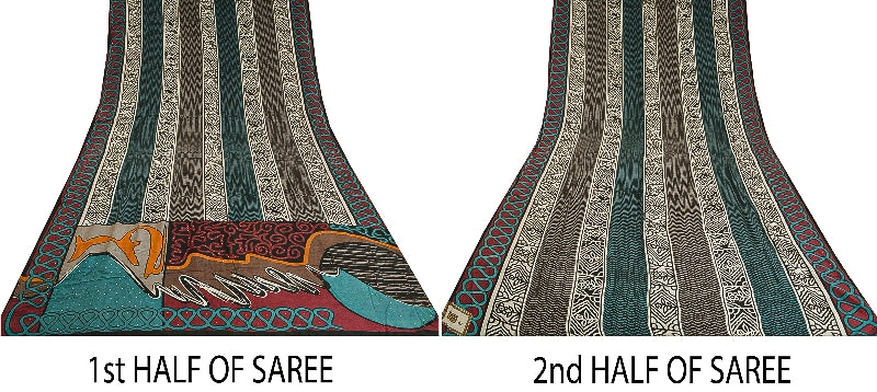 Sanskriti Vintage Sarees Multi Pure Crepe Silk Mukesh Work Printed Sari Sustainable Fabric