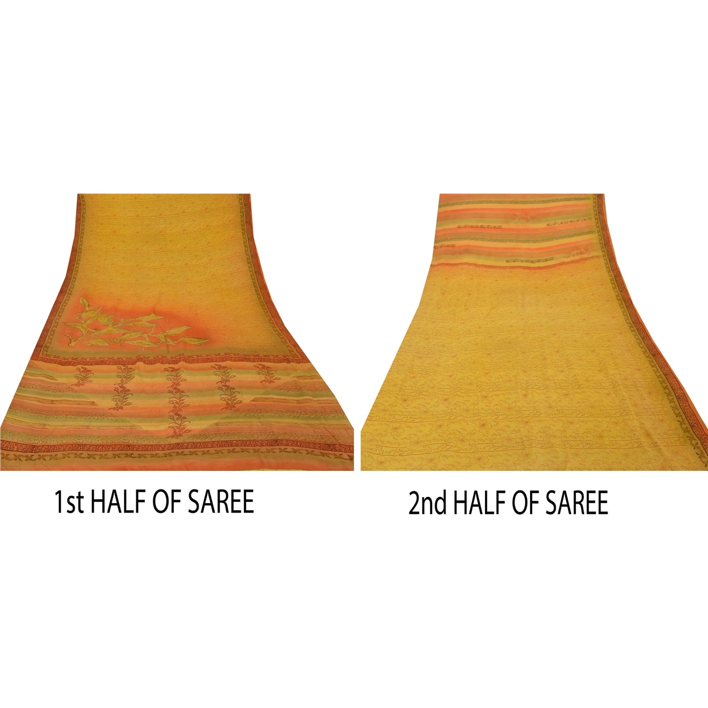 Sanskriti Vintage Yellow Sarees Pure Crepe Silk Printed Sari Craft 5 Yard Fabric