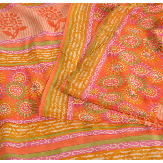 Sanskriti Vintage Sarees Indian Multi Pure Crepe Silk Printed Sari Craft Fabric