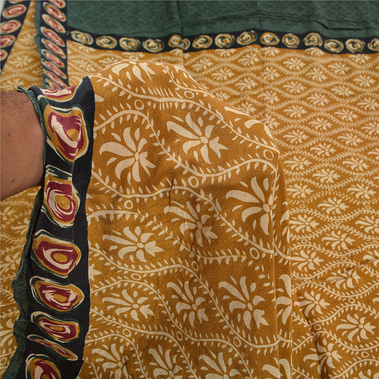 Sanskriti Vintage Saree Brown 100% Pure Crepe Silk Floral Print Sari 5+Yd Fabric