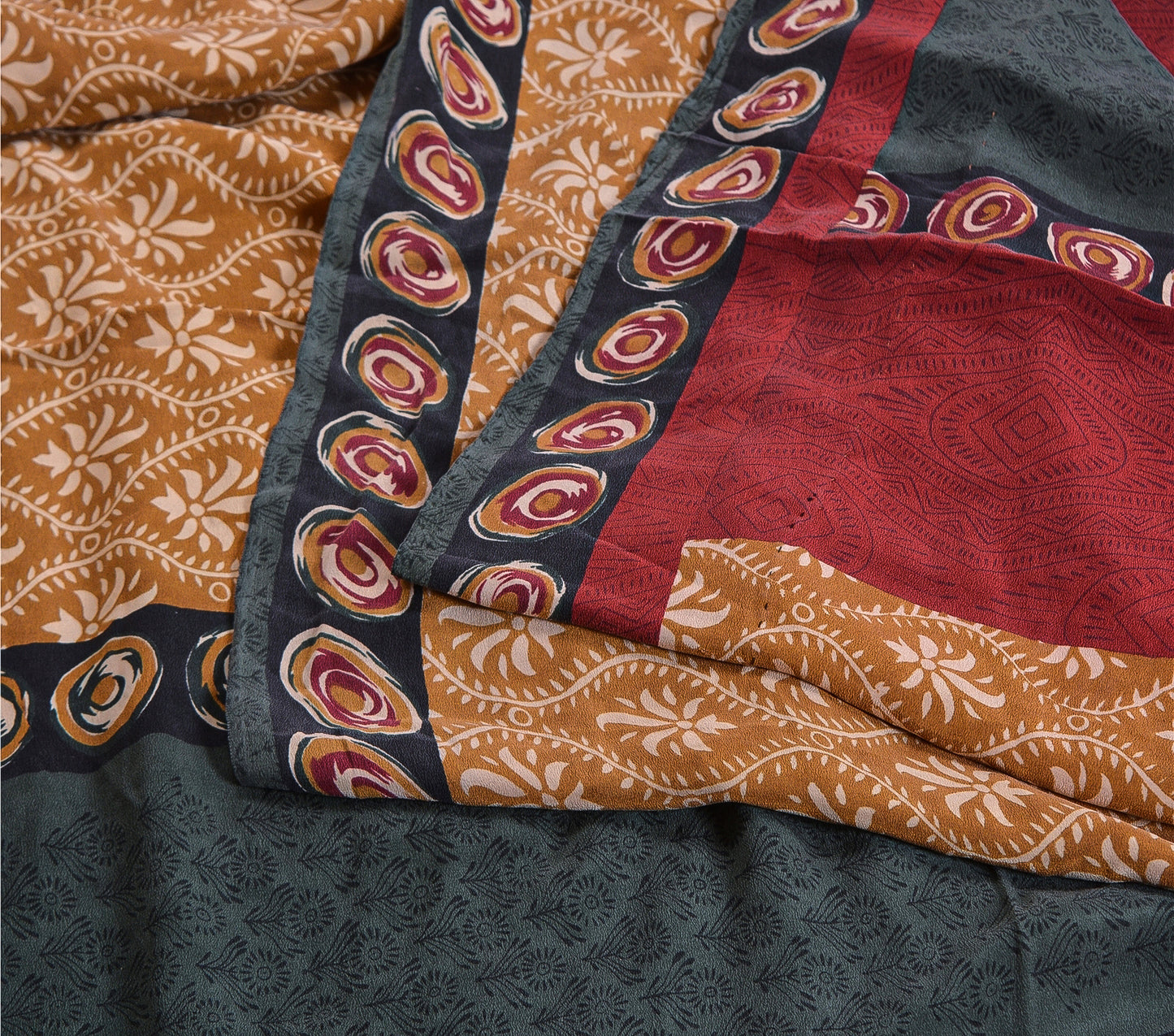 Sanskriti Vintage Saree Brown 100% Pure Crepe Silk Floral Print Sari 5+Yd Fabric