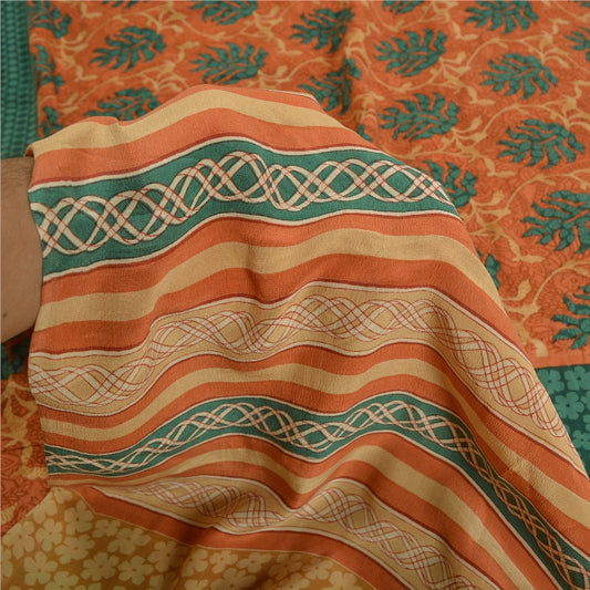 Sanskriti Vintage Sarees Peach/Green Pure Crepe Silk Printed Sari Craft Sustainable Fabric