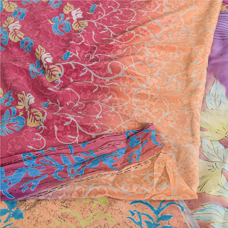 Sanskriti Vintage Sarees Indian Multi Pure Crepe Silk Printed Sari Craft Sustainable Fabric