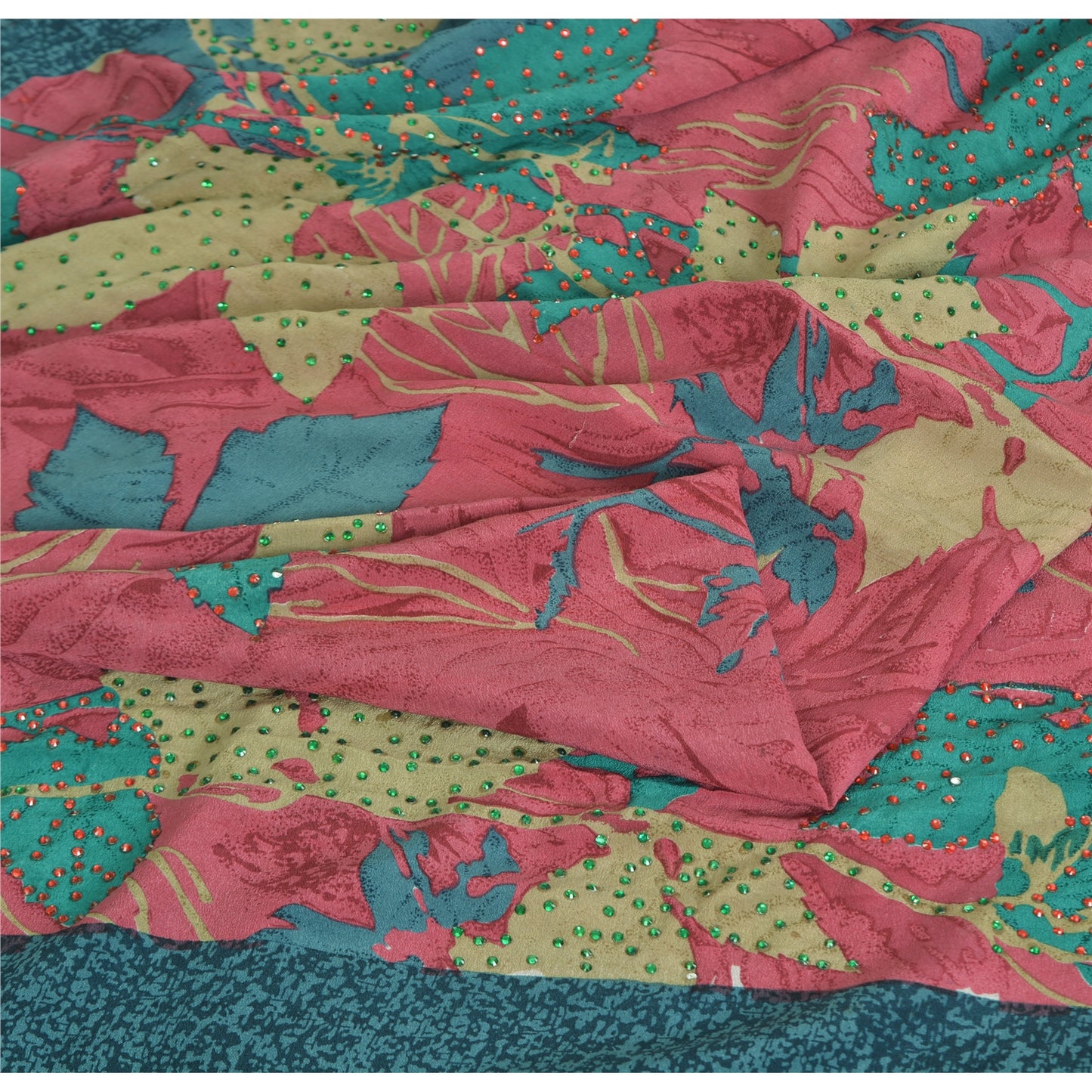 Sanskriti Vintage Pink/Blue Sarees Pure Crepe Silk Printed Sari Craft Sustainable Fabric