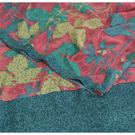 Sanskriti Vintage Pink/Blue Sarees Pure Crepe Silk Printed Sari Craft Sustainable Fabric