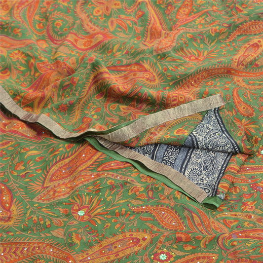 Sanskriti Vintage Sarees Multi Hand Beaded Printed Pure Crepe Sari Craft Sustainable Fabric