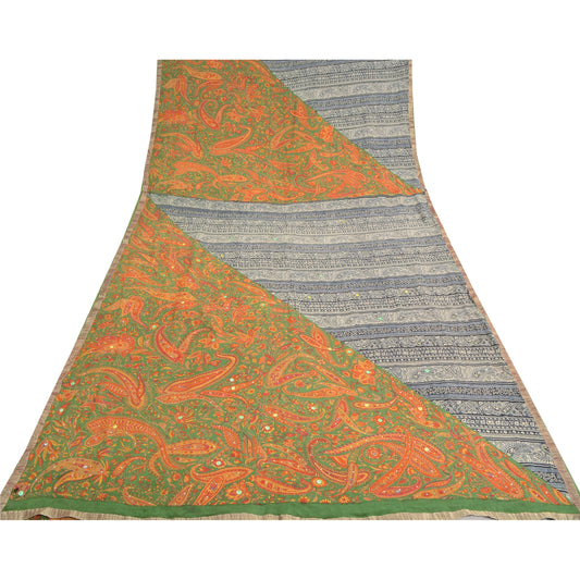 Sanskriti Vintage Sarees Multi Hand Beaded Printed Pure Crepe Sari Craft Sustainable Fabric