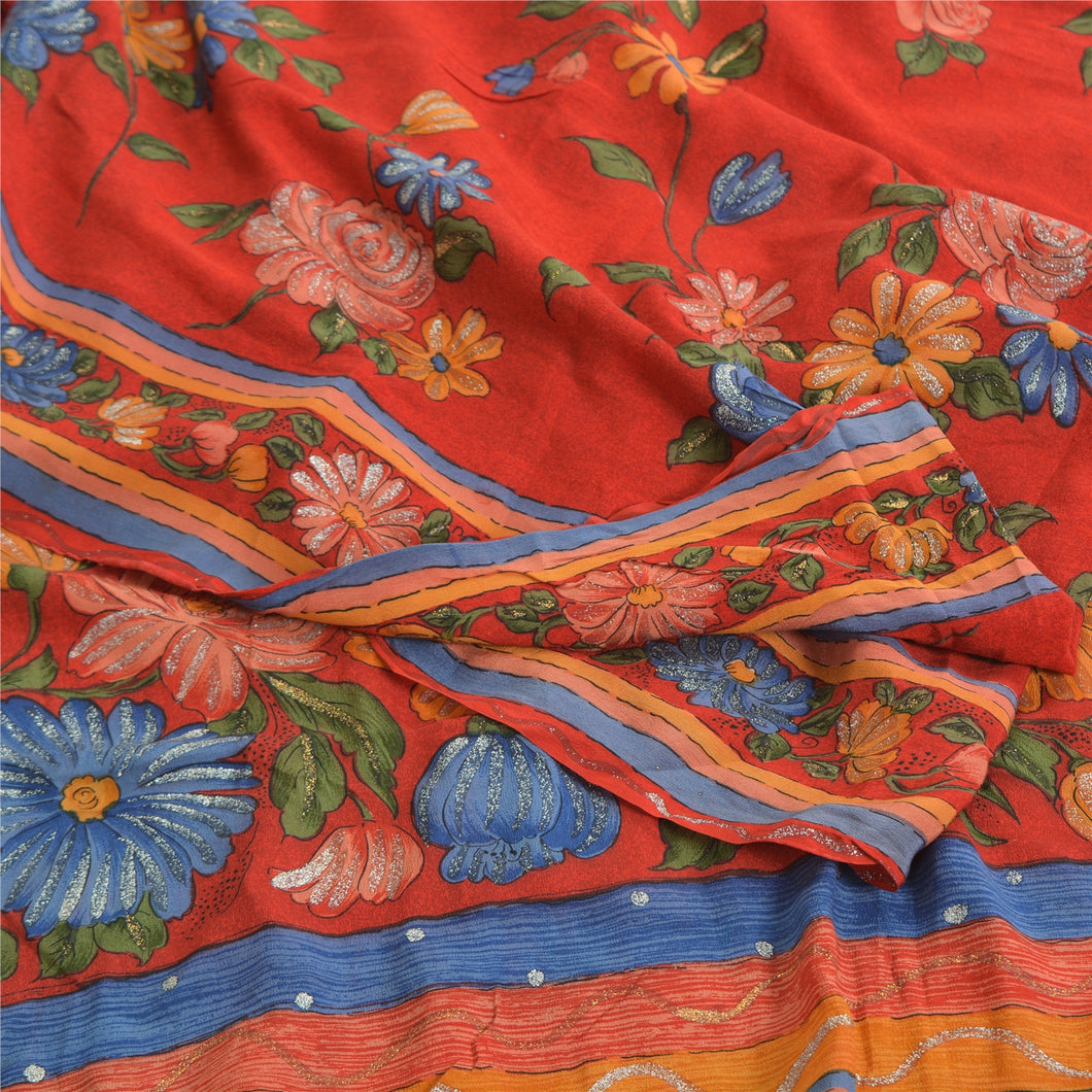 Sanskriti Vintage Sarees Red Pure Crepe Silk Print Sparkle Sari 5yd Craft Fabric