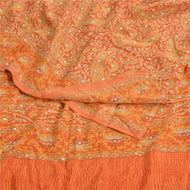 Sanskriti Vintage Sarees Orange Embroidered Printed Pure Crepe Sari Craft Fabric