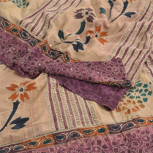 Sanskriti Vintage Sarees Purple/Cream Hand Bead Kantha Pure Crepe Sari Sustainable Fabric