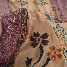 Load image into Gallery viewer, Sanskriti Vintage Sarees Purple/Cream Hand Bead Kantha Pure Crepe Sari Fabric
