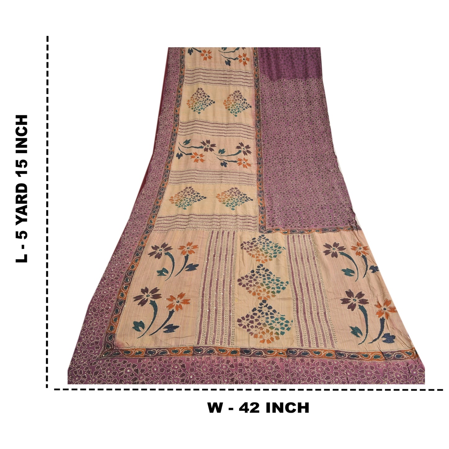 Sanskriti Vintage Sarees Purple/Cream Hand Bead Kantha Pure Crepe Sari Sustainable Fabric