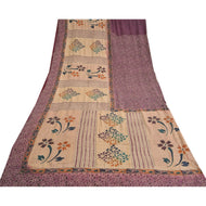 Sanskriti Vintage Sarees Purple/Cream Hand Bead Kantha Pure Crepe Sari Fabric