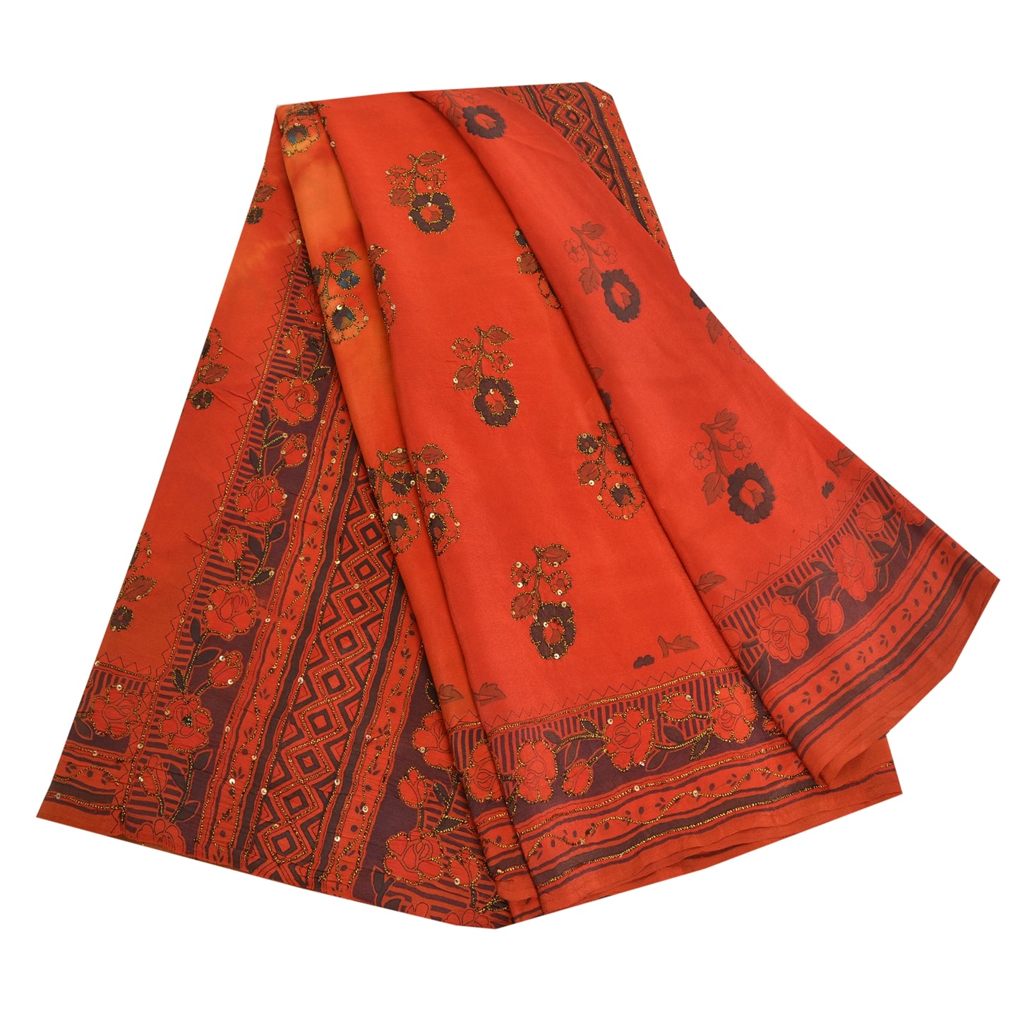Sanskriti Vintage Sarees Indian Orange Hand Beaded Pure Crepe Sari Craft Sustainable Fabric
