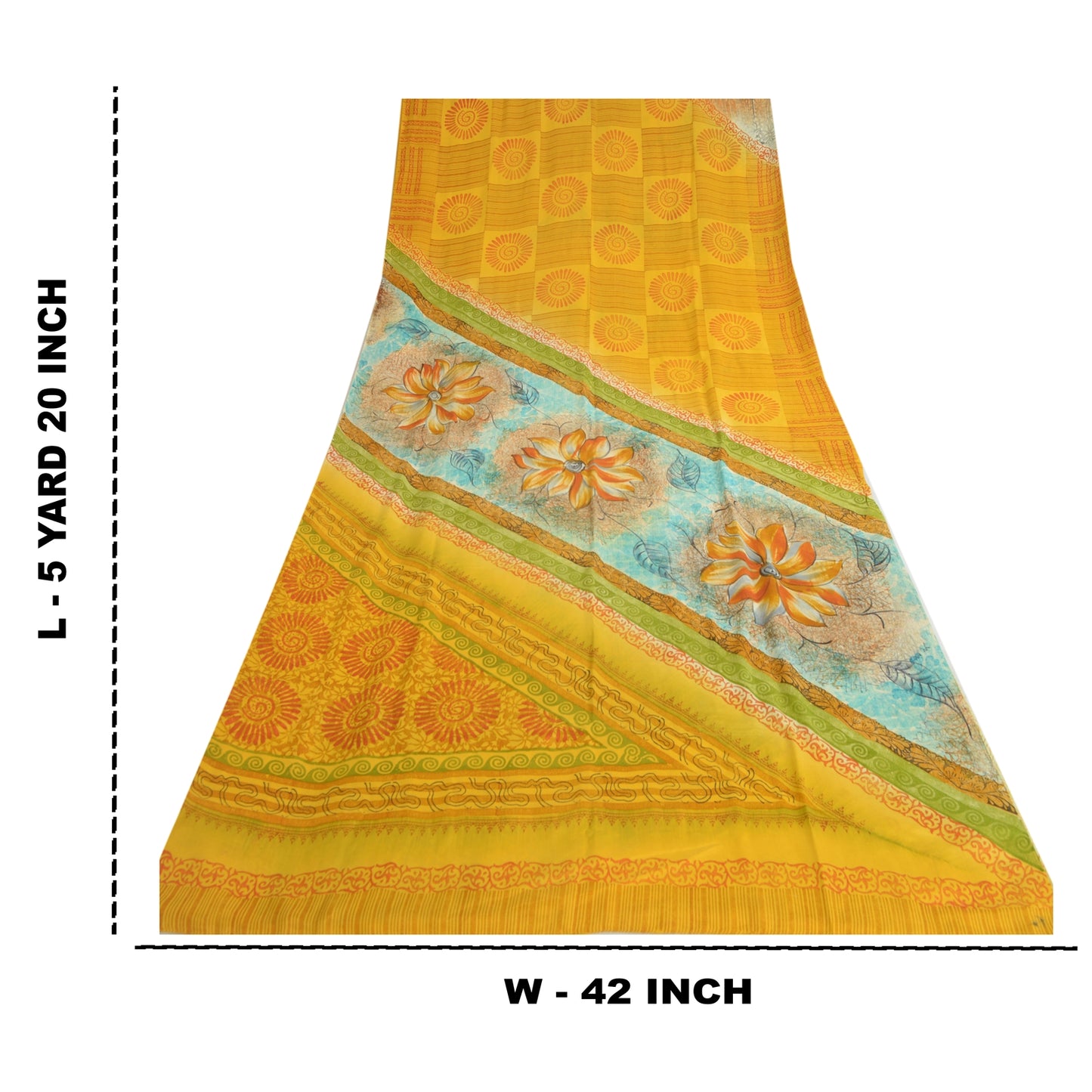 Sanskriti Vintage Sarees Yellow Pure Crepe Silk Printed Sari Floral Craft Sustainable Fabric