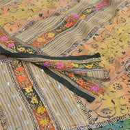 Sanskriti Vintage Sarees Yellow Hand Beaded Kantha Pure Crepe Silk Sari Fabric