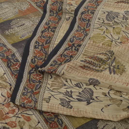 Sanskriti Vintage Sarees Ivory Pure Crepe Silk Printed Sari Floral Craft Sustainable Fabric