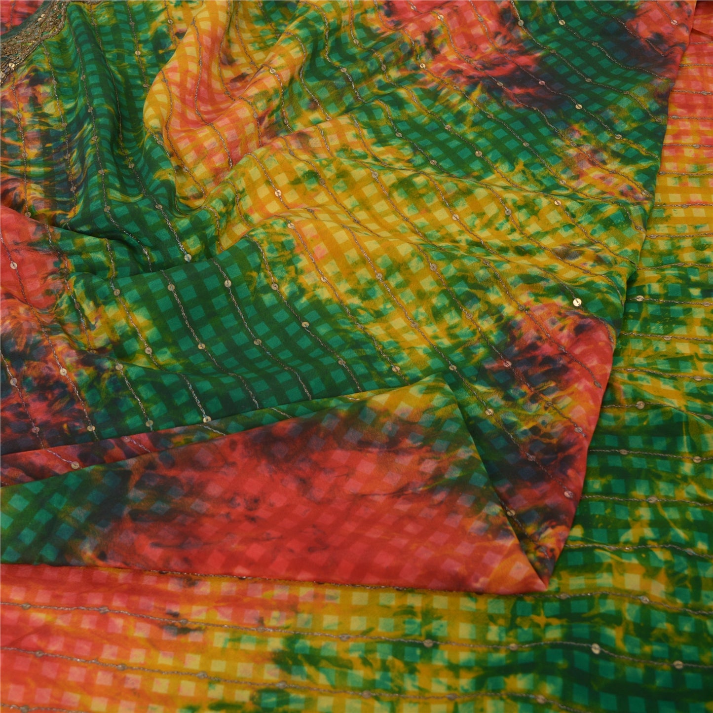 Sanskriti Vintage Sarees Multi Tie-Dye Hand Beaded Pure Crepe Sari Craft Sustainable Fabric