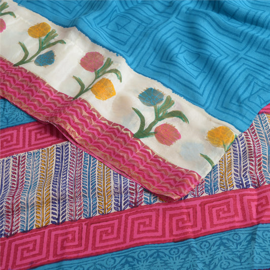 Sanskriti Vintage Sarees Multicolor Pure Crepe Silk Print Sari 5yd Craft Sustainable Fabric
