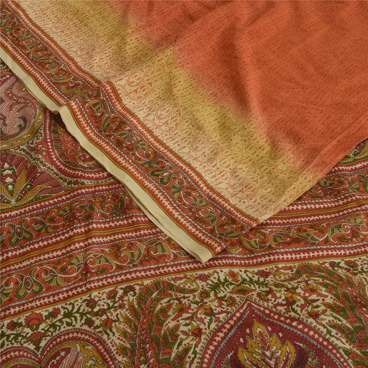 Sanskriti Vintage Sarees Indian Orange Pure Crepe Silk Printed Sari Craft Sustainable Fabric