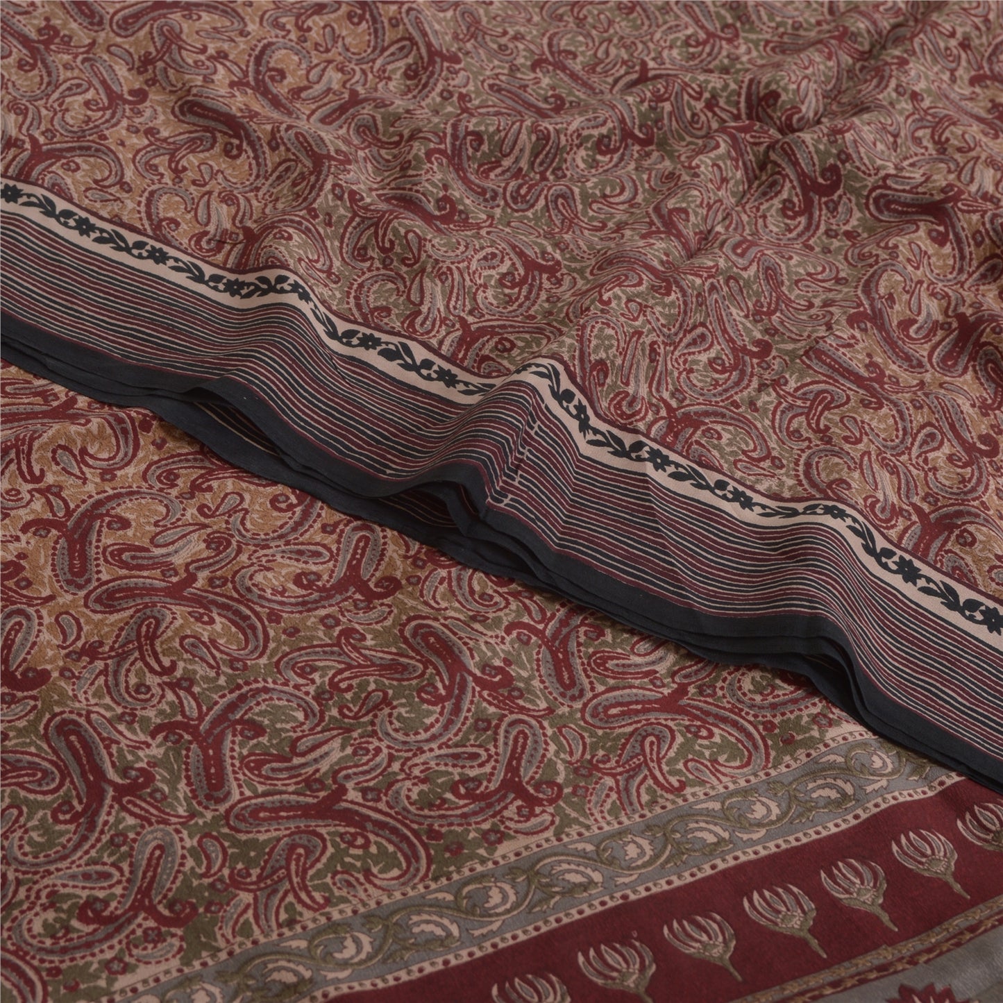 Sanskriti Vintage Sarees Dark Red Pure Crepe Silk Printed Sari 5yd Craft Sustainable Fabric