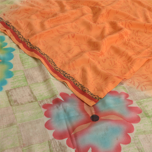 Sanskriti Vintage Sarees Orange 100% Pure Crepe Silk Printed Sari Craft Sustainable Fabric