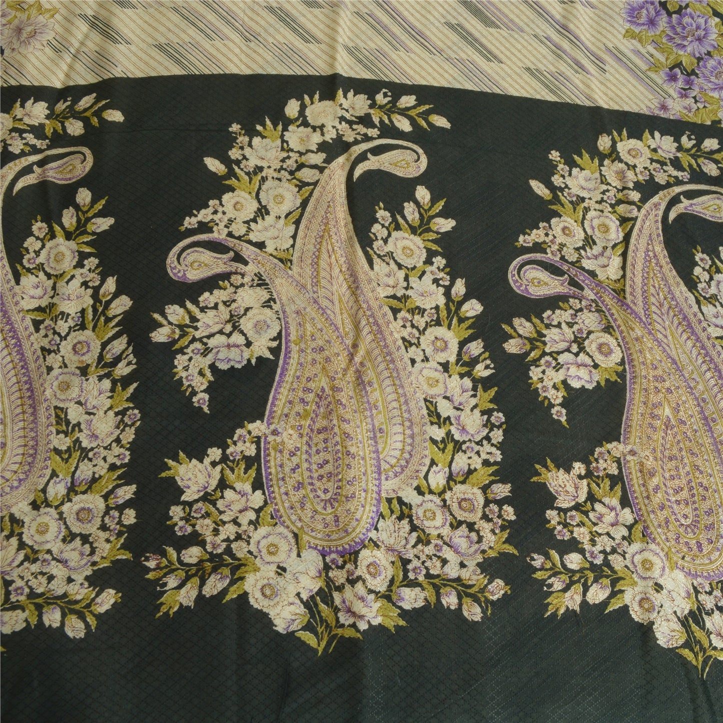 Sanskriti Vintage Sarees Ivory/Black Printed Pure Crepe Silk Sari Craft Sustainable Fabric