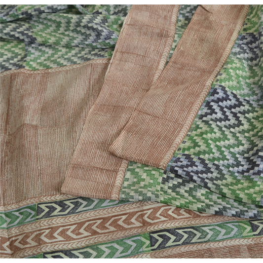 Sanskriti Vintage Sarees Green/Brown Pure Crepe Silk Printed Sari Craft Sustainable Fabric
