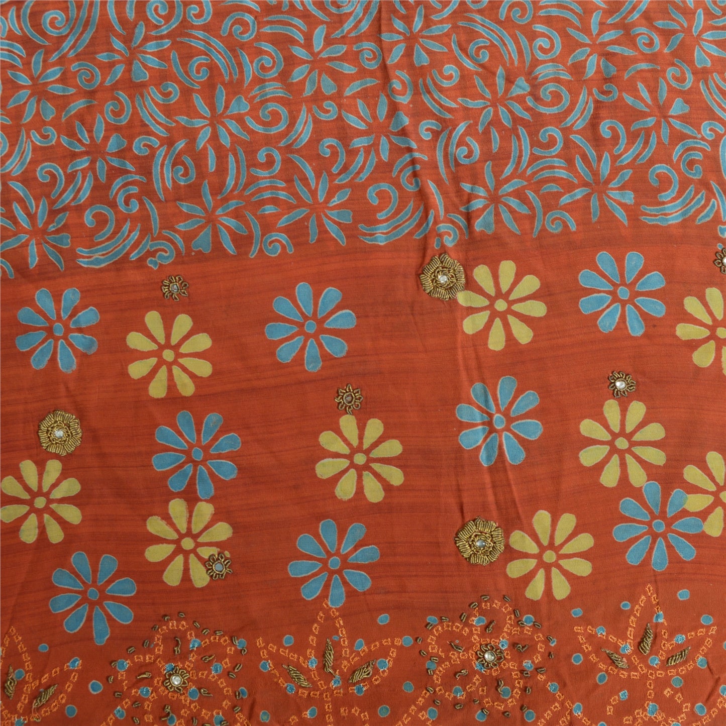 Sanskriti Vintage Sarees Orange 100% Ren Crepe Silke Trykt Sari Håndværk Bæredygtigt Stoff