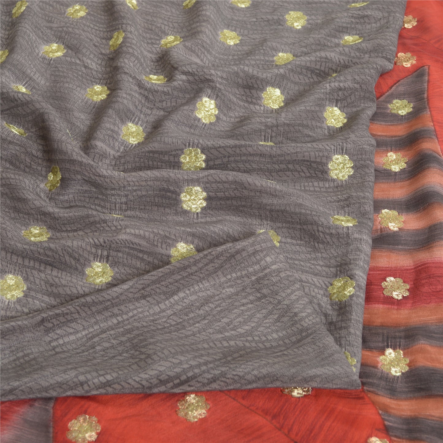 Sanskriti Vintage Sarees Gray Embroidered Printed Pure Crepe Sari Craft Sustainable Fabric