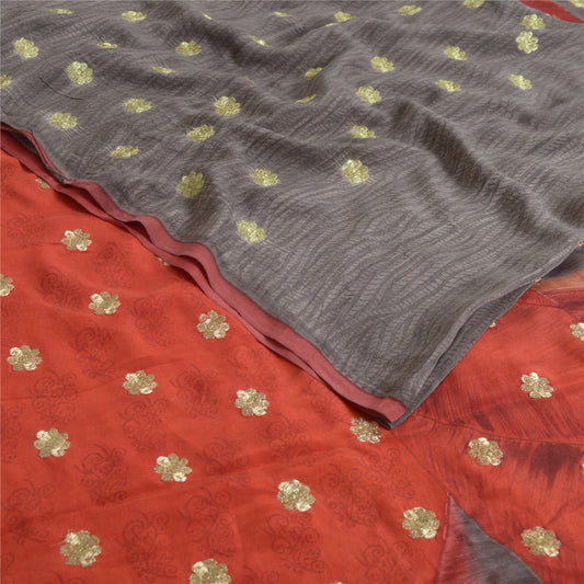 Sanskriti Vintage Sarees Gray Embroidered Printed Pure Crepe Sari Craft Sustainable Fabric