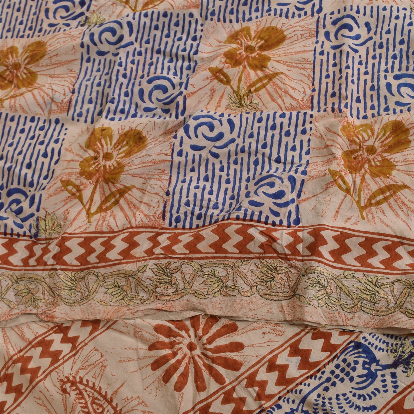 Sanskriti Vintage Sarees Cream Hand Block Printed Pure Crepe Sari 5+yd Sustainable Fabric