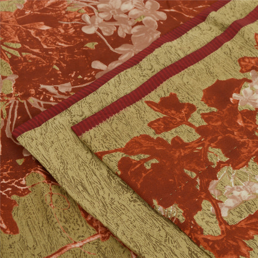 Sanskriti Vintage Sarees Olive Green/Red Print Pure Crepe Silk Sari Craft Sustainable Fabric