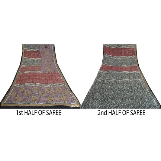 Sanskriti Vintage Sarees Broderet Ren Crepe Silke Trykt Pailletter Sari Bæredygtigt Stof
