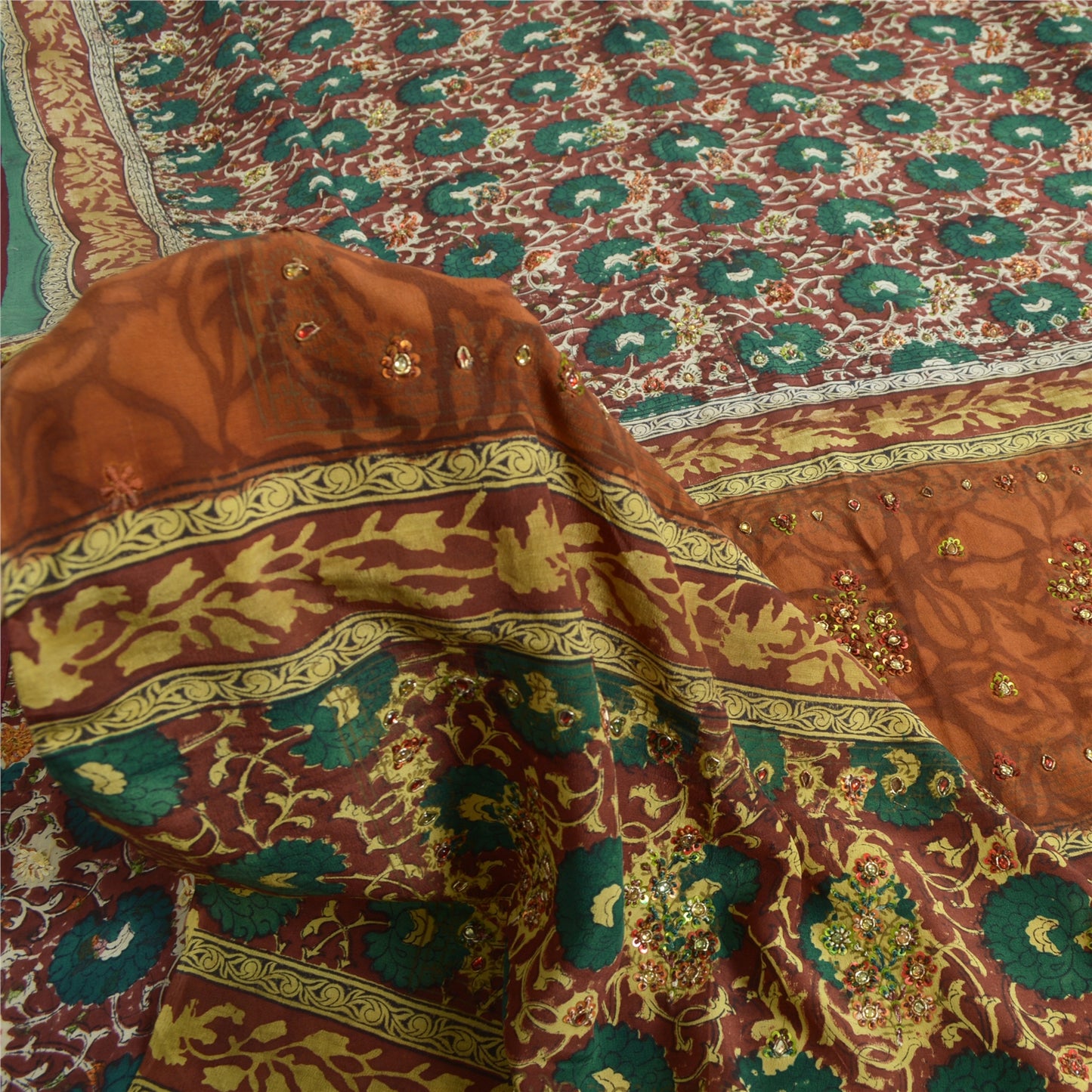 Sanskriti Vintage Sarees Multi Hand Beaded Pure Crepe Silk Printed Sari Sustainable Fabric