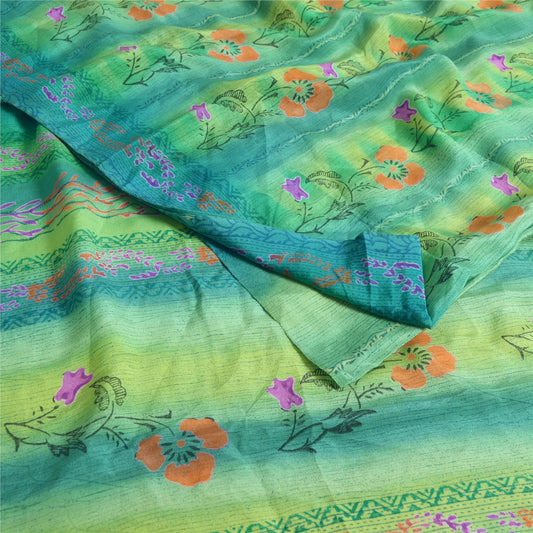 Sanskriti Vintage Sarees Blue/Green Pure Crepe Silk Printed Sari Craft Sustainable Fabric