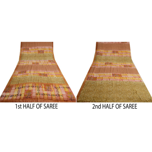 Sanskriti Vintage Sarees Multicolor Pure Crepe Silk Print Sari 5yd Craft Sustainable Fabric