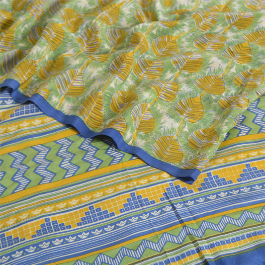 Sanskriti Vintage Sarees Green Pure Crepe Silk Printed Sari 5yd Craft Sustainable Fabric