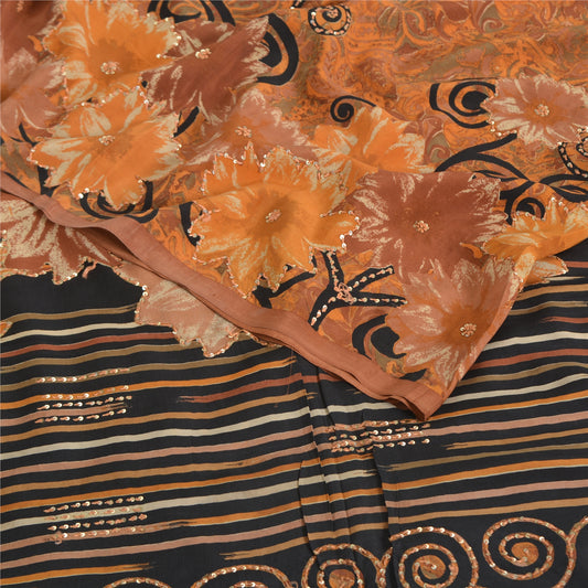 Sanskriti Vintage Sarees Saffron Embroidered Pure Crepe Printed Sari 5yd Sustainable Fabric